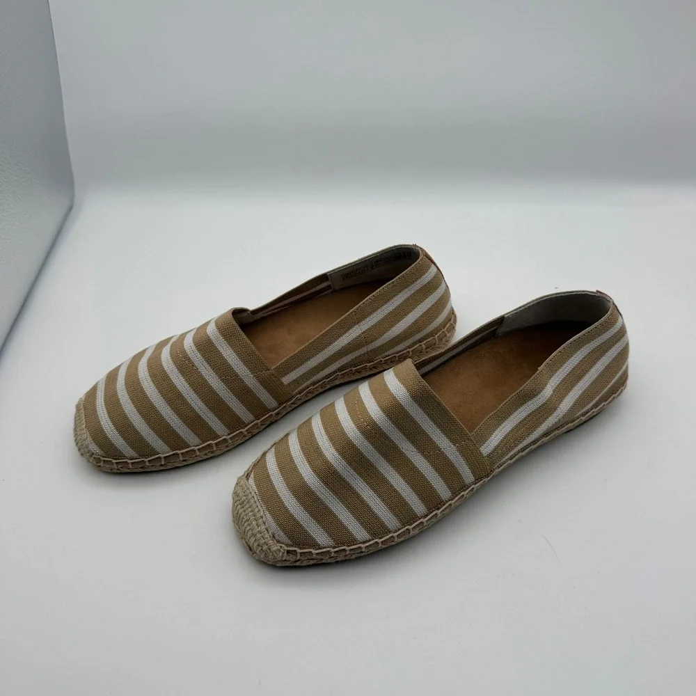 Vionic 356 Valeri Tan White Striped Canvas Espadrille Flats Size 9 Coastal Beach
